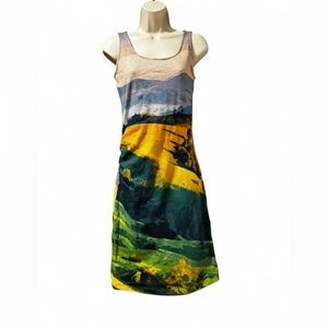 The Kit Landscape Print Ruched Midi Dress XS